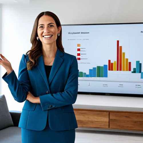 A professional female living coordinator in a modest business suit, standing confidently and smiling, gesturing towards a large screen displaying a split "Before and After" image of a beautifully transformed living space. The "Before" section shows a cluttered, uninviting room, while the "After" reveals a bright, functional, and harmonious living area with elegant furniture and thoughtful decor. She is explaining the transformation in a sleek, modern design studio with subtle architectural elements in the background. This image is safe for work, appropriate content, fully clothed, professional dress, perfect anatomy, correct proportions, natural pose, well-formed hands, proper finger count, natural body proportions, high-quality photography, soft studio lighting.