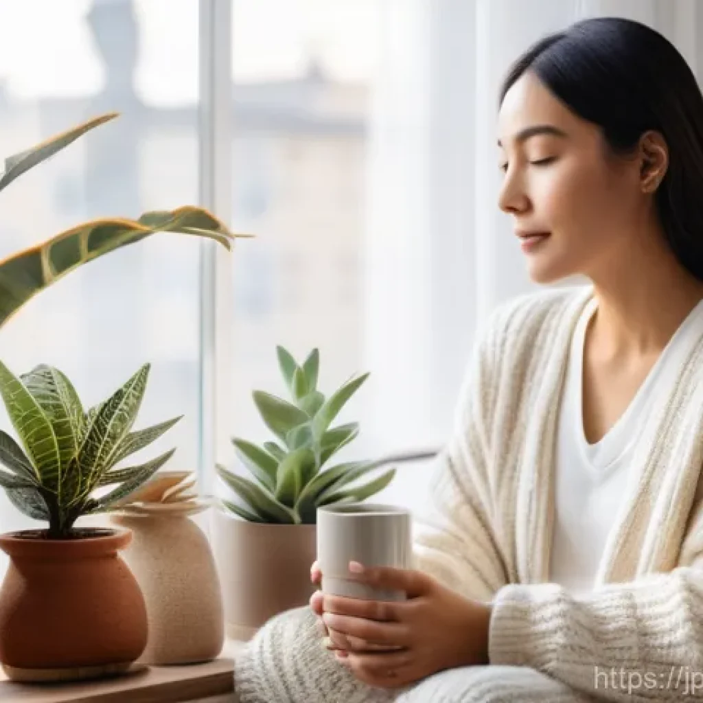 리빙코디네이터 직무 스트레스 관리 - **Prompt:** A serene and cozy "healing space" within a modern apartment. A young female living coord...