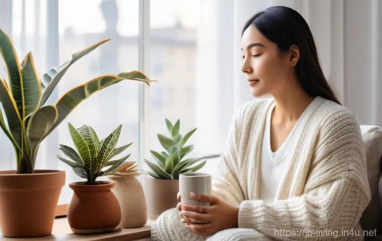 리빙코디네이터 직무 스트레스 관리 - **Prompt:** A serene and cozy "healing space" within a modern apartment. A young female living coord...