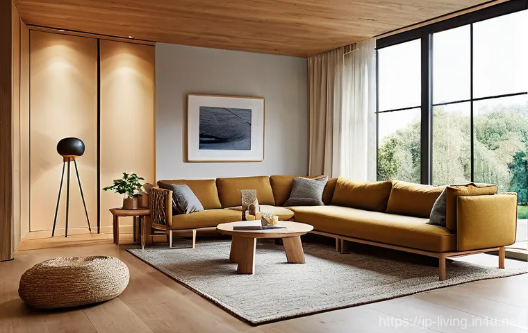 리빙코디네이터 자격증 모의고사 문제 - **Prompt:** A modern, elegant living room designed with natural materials and warm, indirect lightin...