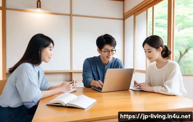 리빙코디네이터 실기 스터디 그룹 운영 - A modern Japanese study group scene in a cozy living room with four young adults sitting around a lo...