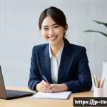 리빙코디네이터 신입사원 업무 준비 - A young Japanese living coordinator woman in modern office attire with a bright smile, actively gree...