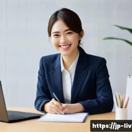 리빙코디네이터 신입사원 업무 준비 - A young Japanese living coordinator woman in modern office attire with a bright smile, actively gree...