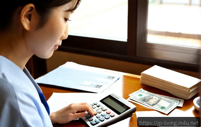 리빙코디네이터 시험 응시 비용 정보 - Photorealistic Japanese home office scene, a middle-aged woman calmly comparing exam application cos...